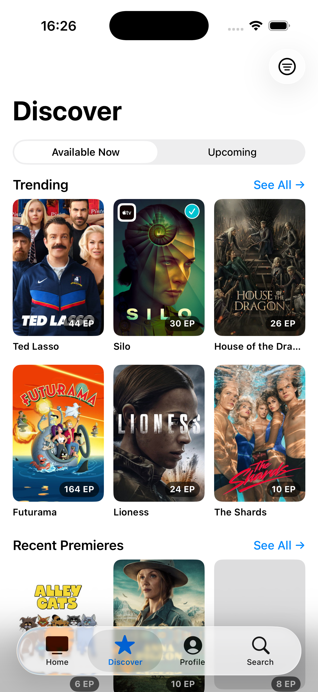 Discover screen showing Trending and Recent Premieres show grids
