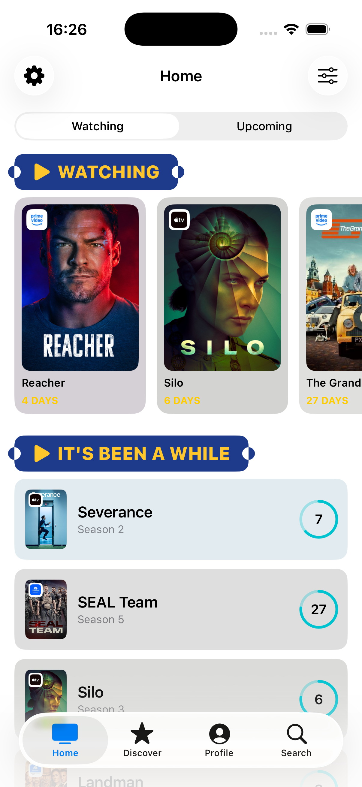 Home screen showing Watching, It's Been A While, and other queues with ticket-styled section headers