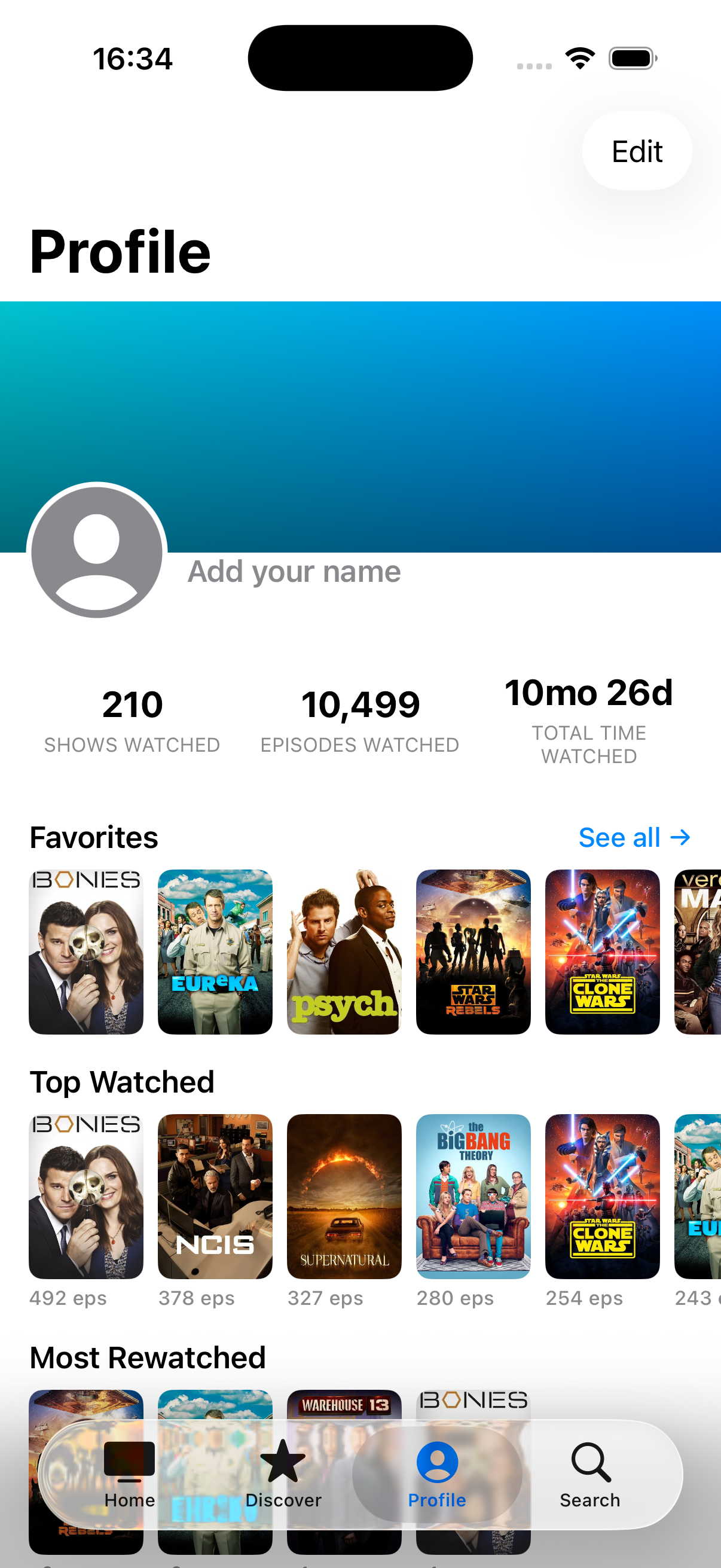 Profile screen with watch stats, Favorites, Top Watched, and Most Rewatched