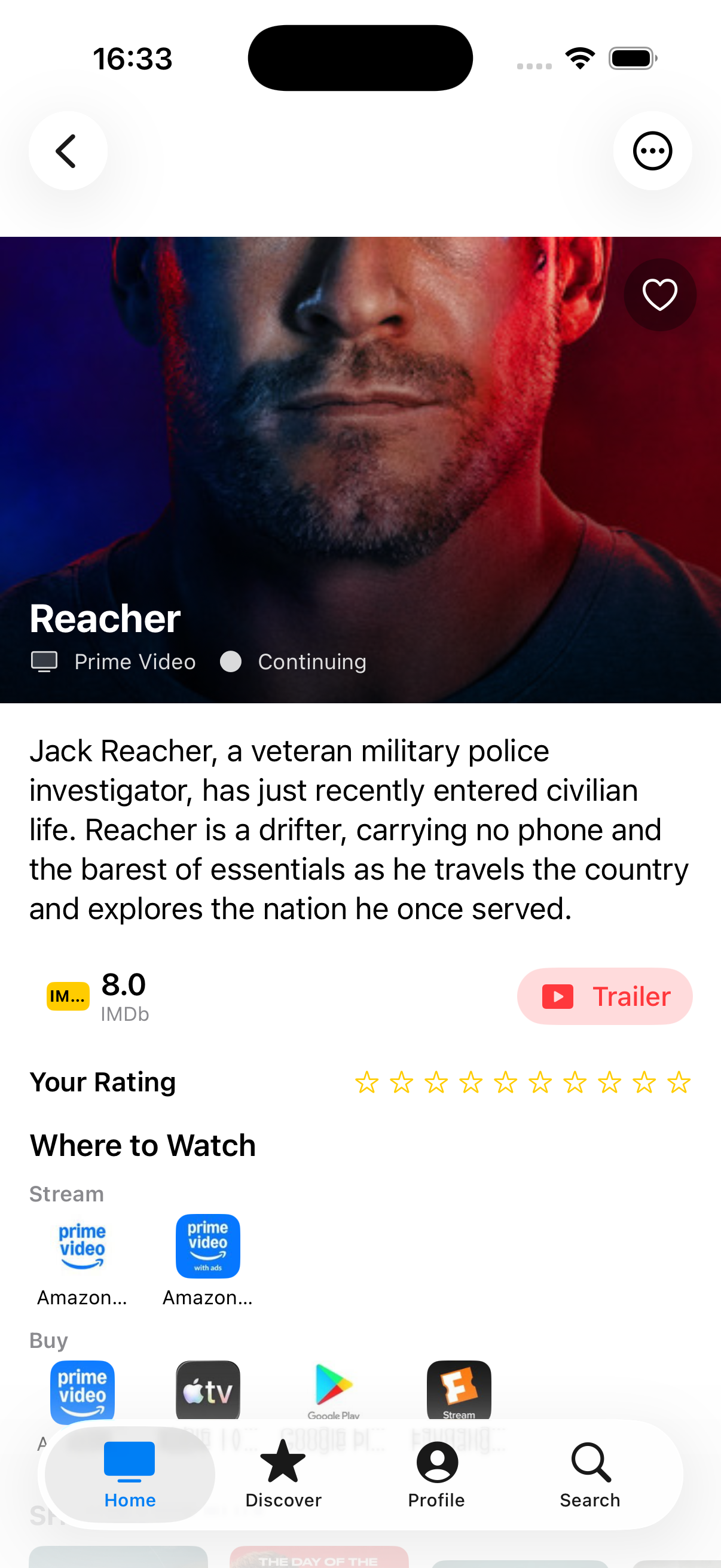 Show detail page with poster, synopsis, rating, and Where to Watch section