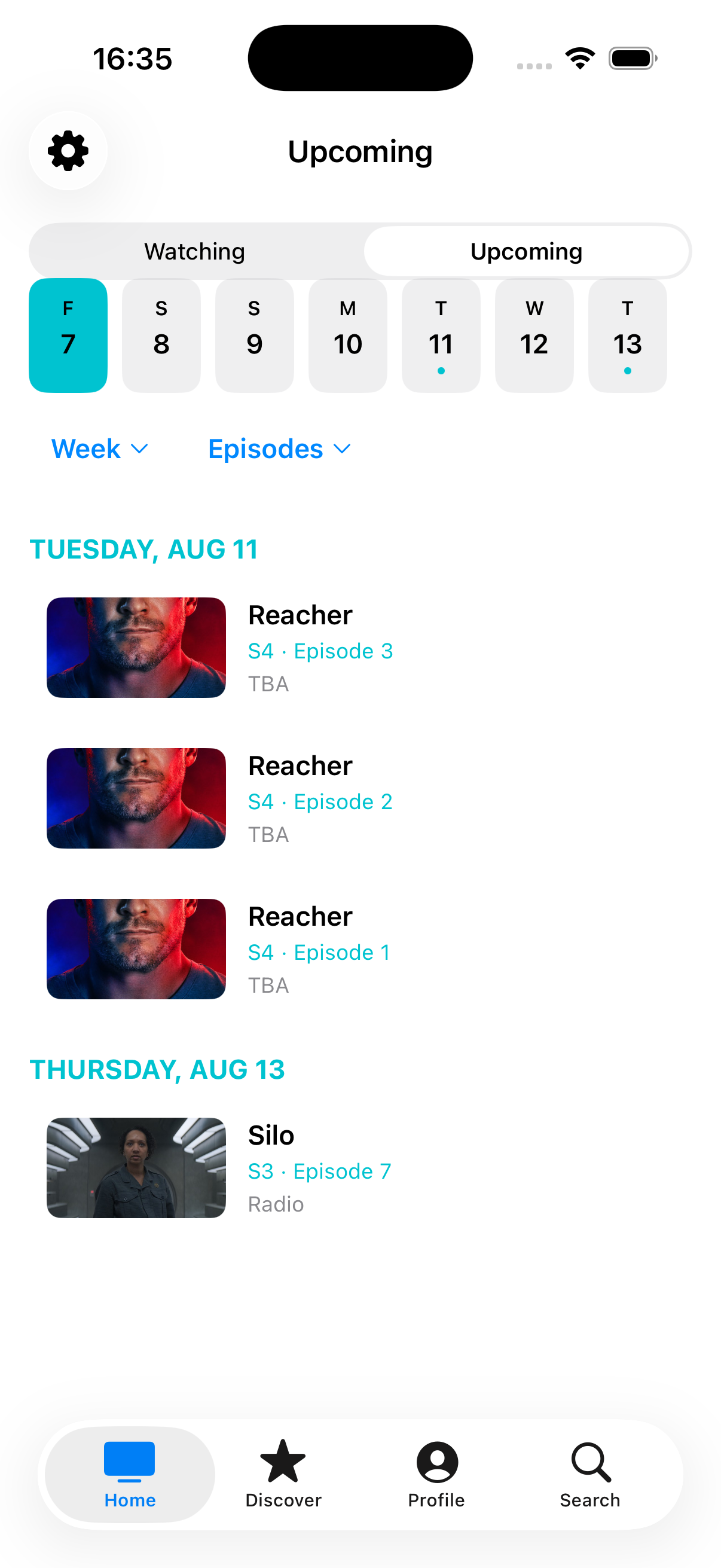 Upcoming screen showing a weekly calendar of airing episodes